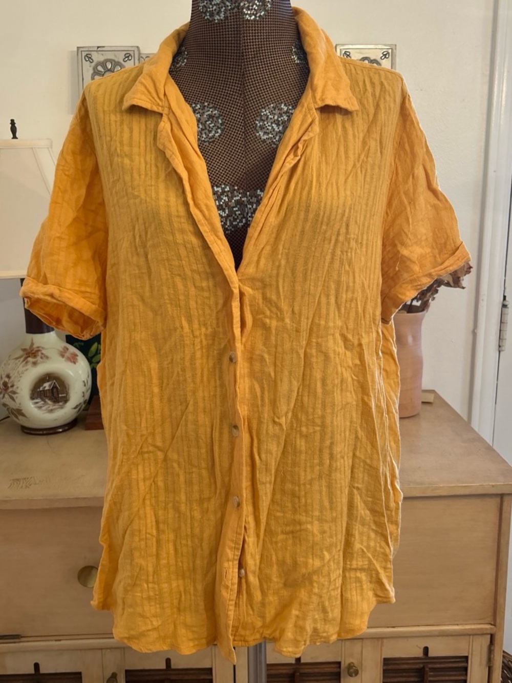 Rhythm. Short-Sleeve Button-Down Shirt in Mustard Yellow